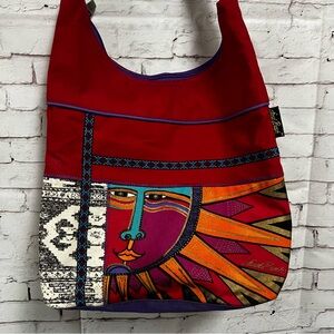 Laurel Burch Red Canvas Shoulder Bag Purse Sun Face Celestial Vintage